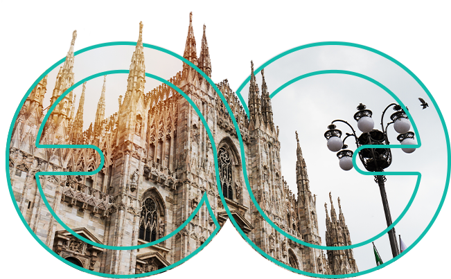 Milan Cathedral with a street lamp, framed by a cyan infinity symbol on a black background.
