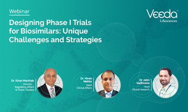 Veeda Life Sciences webinar banner on designing Phase I clinical trials for biosimilars, addressing unique challenges and strategies with expert speakers.