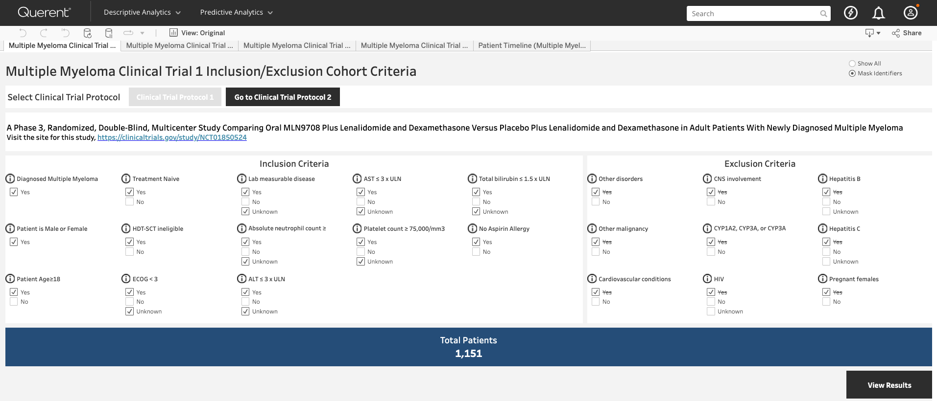 Querent™ by Mango Sciences analyzing real-world patient data to match inclusion and exclusion criteria, enabling AI-driven clinical trial feasibility and enrollment.