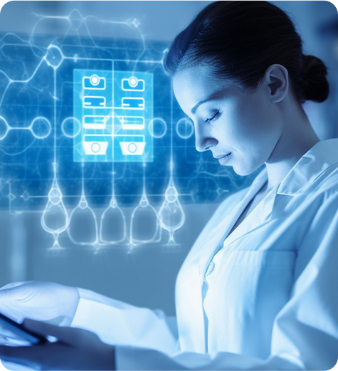 Clinical researcher combining human expertise with AI-driven clinical trial intelligence to interpret real-world data and guide ethical, informed trial decisions.