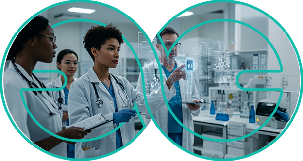 Clinical researchers using AI-driven clinical trial intelligence to analyze real-world data for patient identification, trial feasibility, and site selection.